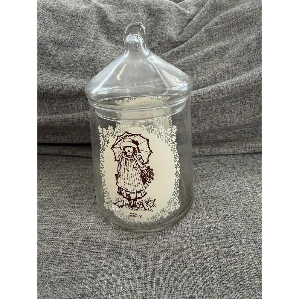 1976 Vintage Holly Hobbie Glass Apothecary Jar Cookie Candy Tea Treasure Lidded - Picture 3 of 7